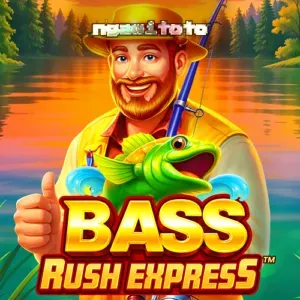 Tampilan antarmuka permainan slot Bass Rush Express dengan tema memancing dan danau.